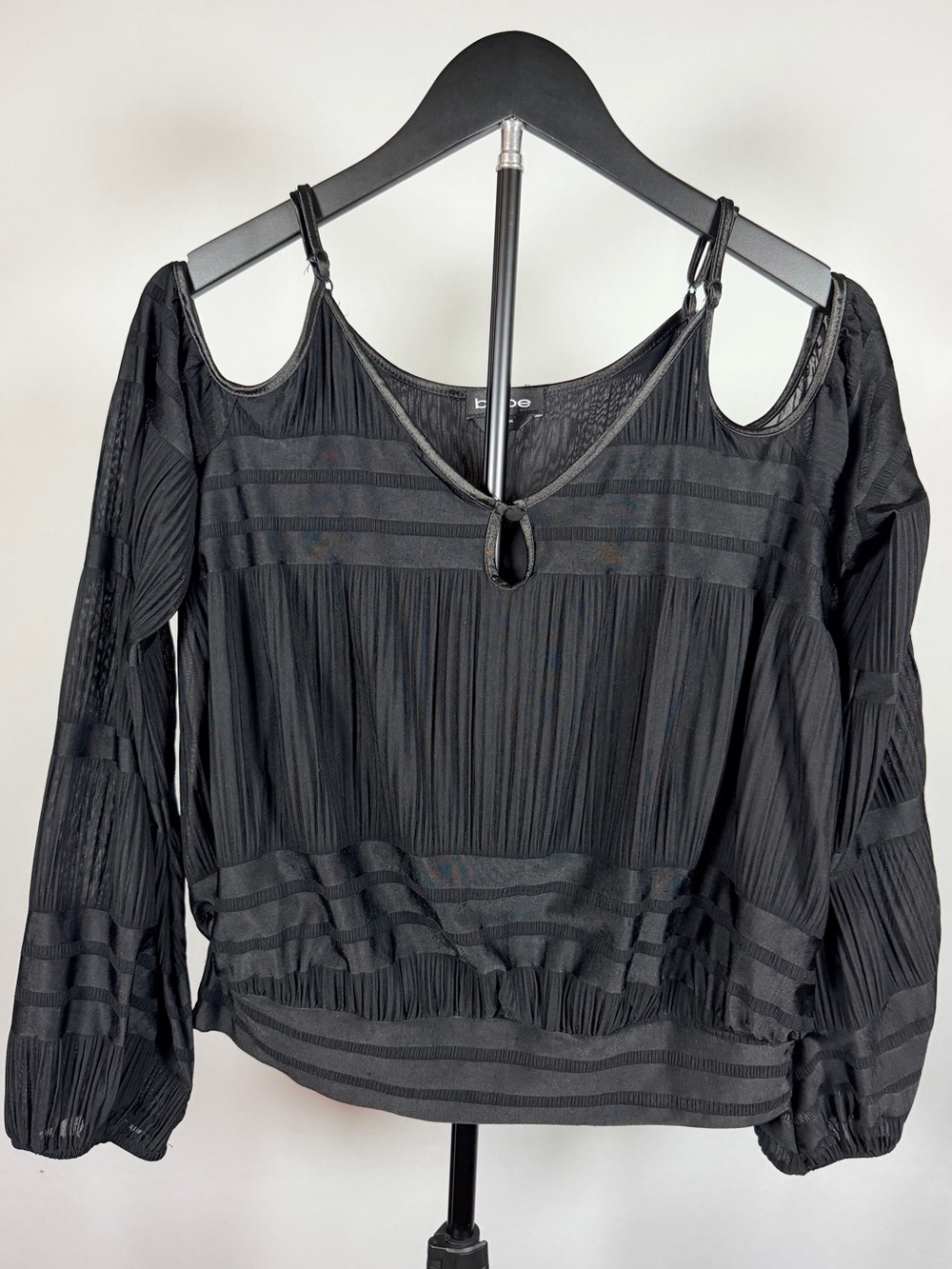bebe Black Cold-Shoulder Sheer Pleated Blouse